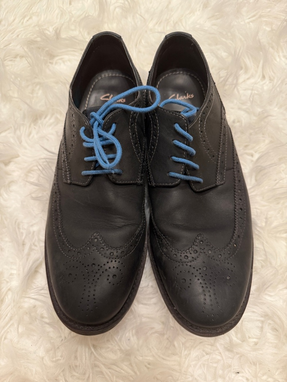 Clarks Black Brogue Oxfords with Blue Laces